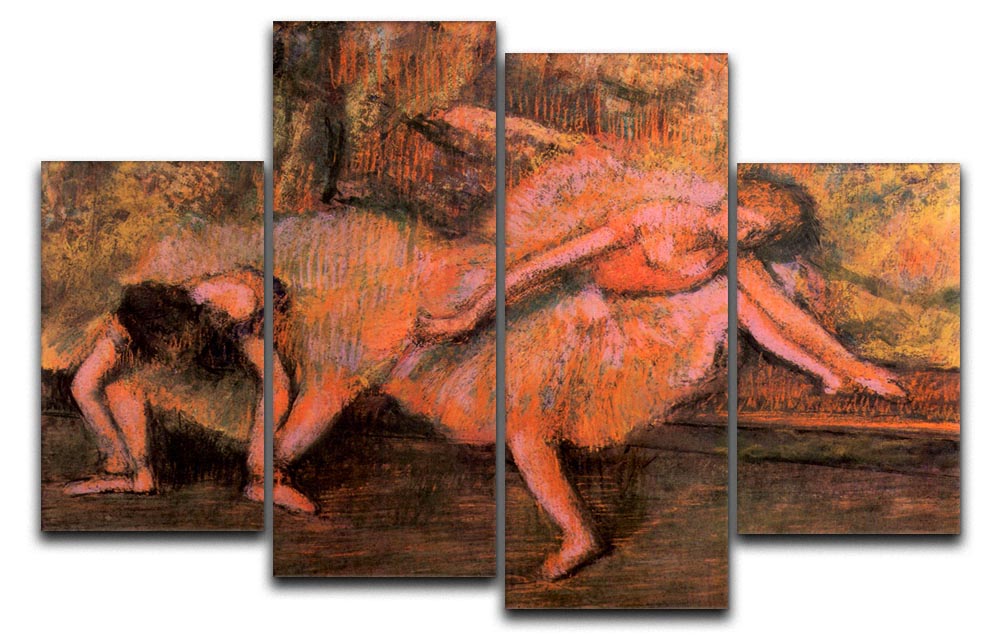 Four-panel canvas artwork featuring Degas' Two Dancers on a Bank, showcasing elegant ballet dancers in a serene setting.